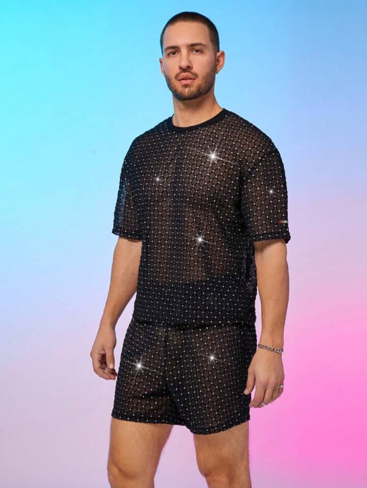 NIGHT-RIDER  Men's Polyester/Plant Fiber Checkered Loose Knit T-shirt & Short Set